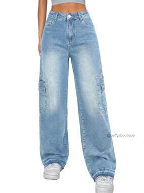 Women's High Rise Wide Leg Cargo Jeans Low Stretch Baggy Denim Pants